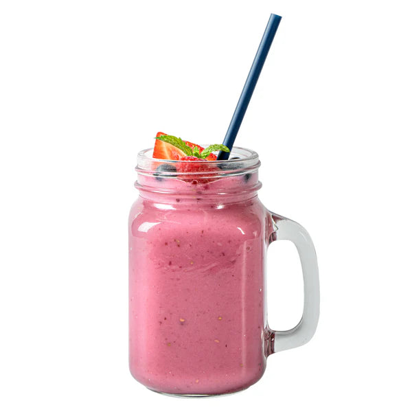 Pink smoothie in a glass jar with a Ecoz Compostable straw.