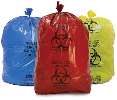 Ecoz Compostable biohazard waste bags in red, blue, and yellow.