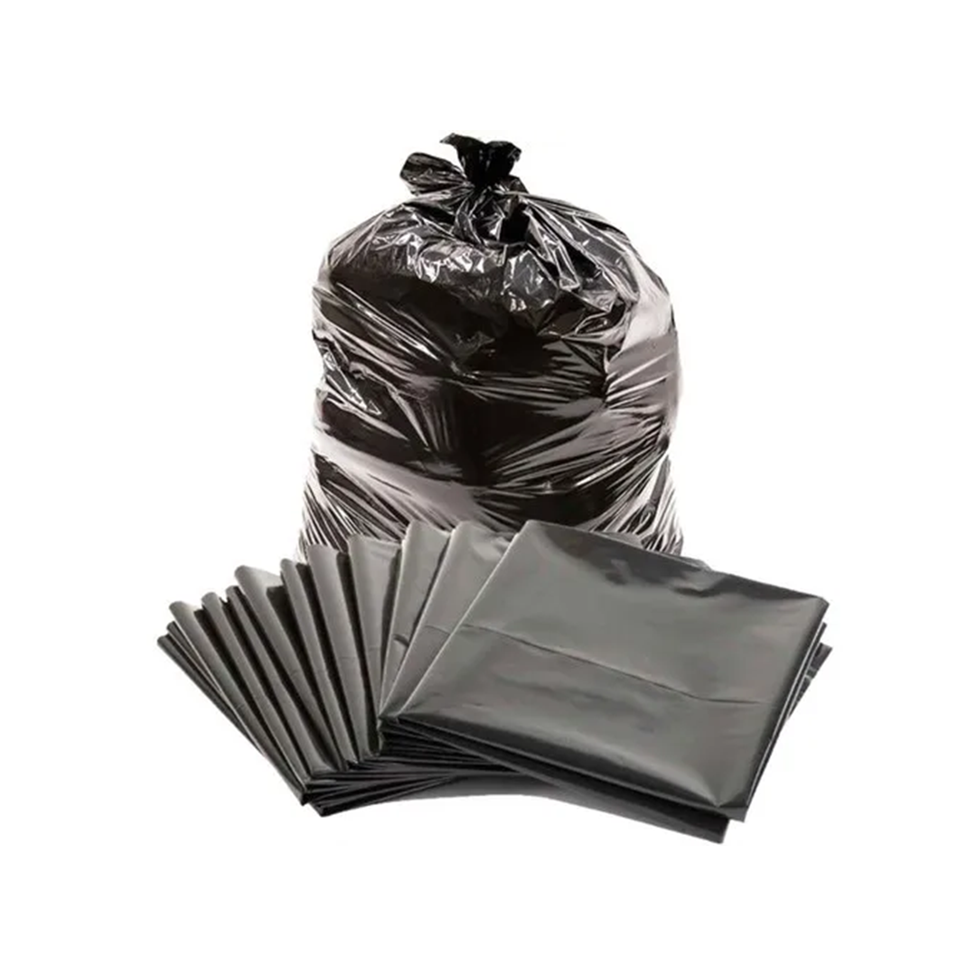 Black trash bags with a stack of additional garbage bags 
