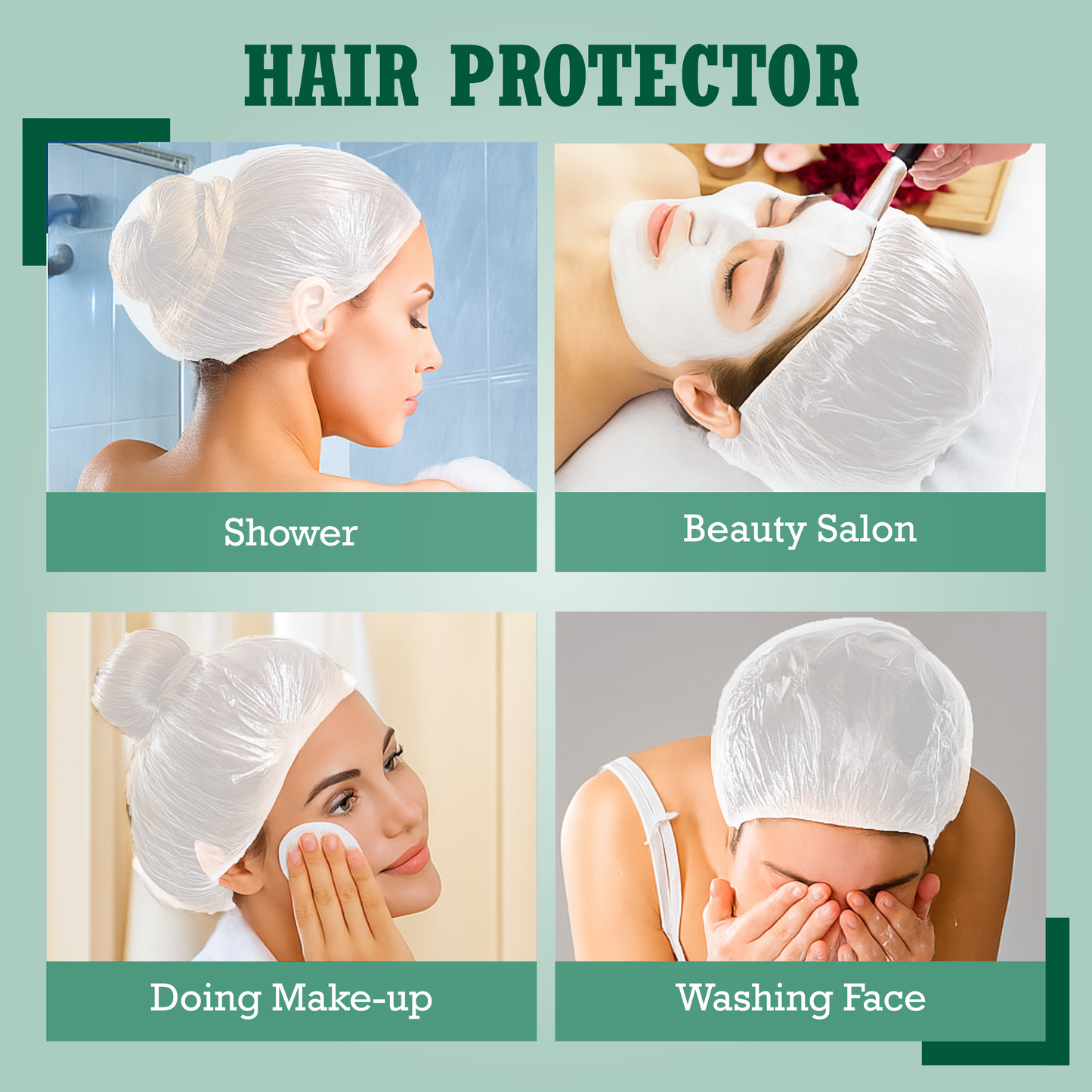 Collage of a woman wearing a shower cap as a hair protector in various settings.