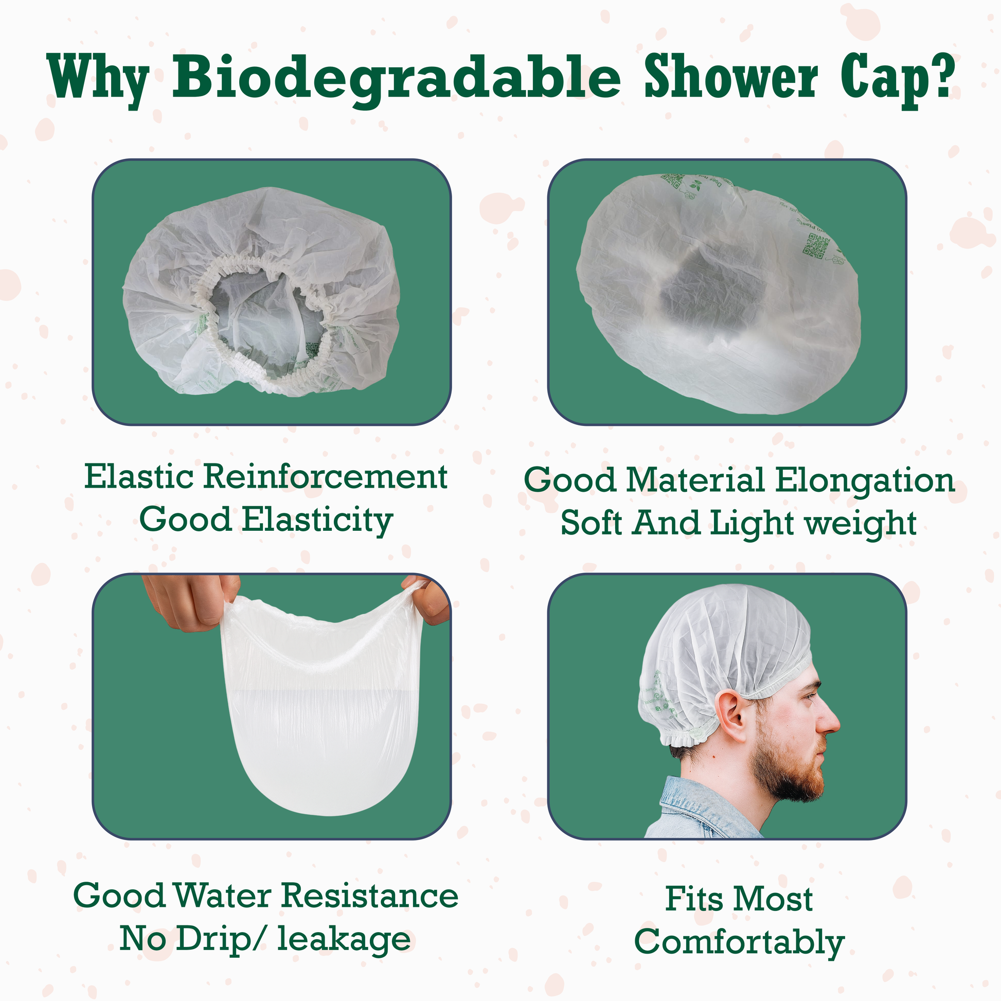 Biodegradable shower cap with features highlighted 