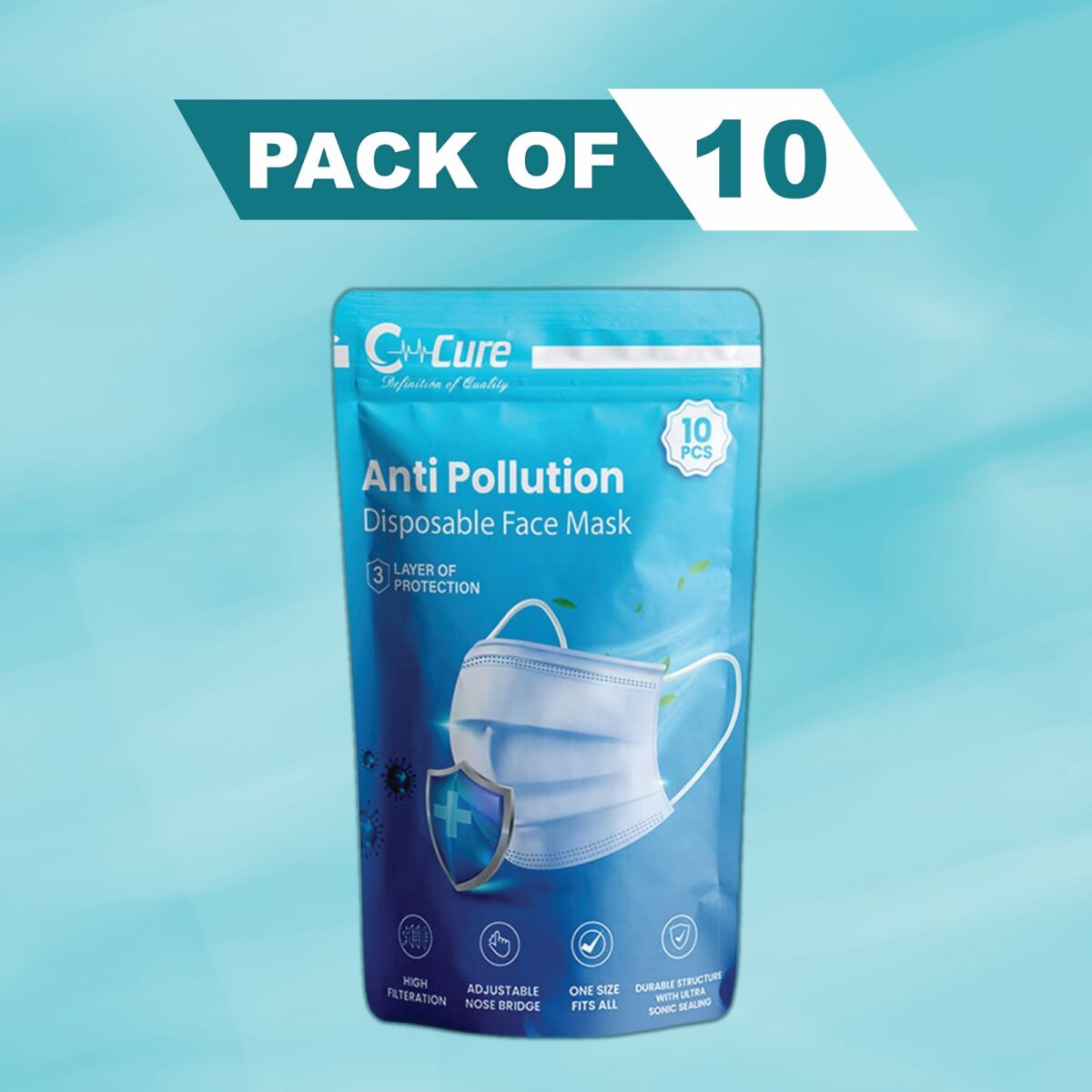 C-cure 3 Ply Protective Face Mask with Reusable Zipper Pack for Daily Use | Exclusive Disposable Non-Woven face Mask with Nose Clip – Pack Of 10 - Image 2