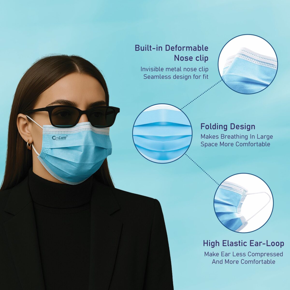 C-cure 3 Ply Protective Face Mask with Reusable Zipper Pack for Daily Use | Exclusive Disposable Non-Woven face Mask with Nose Clip – Pack Of 10 - Image 5