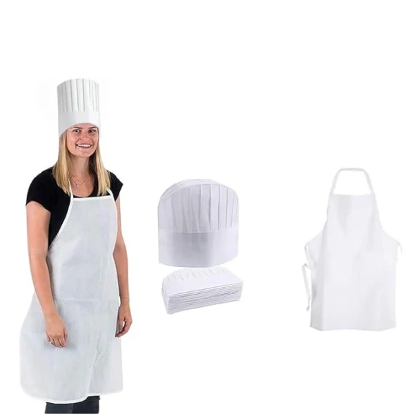 Disposable Kitchen Apron & Chef Cap Combo – Hygienic Non-Woven Set (10+10 Pcs, White)