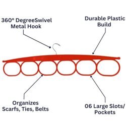 Paras Hanger Plastic Tie Hanger for Wardrobe| Pack of 5 | 360 Degree Rotating Hook Hanger | 6 Slots Multipurpose Cloth Organizer | Wardrobe & Closet Organizer for Tie, Belt & Accessories| Red - Image 2